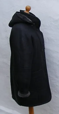 Vtg Ladies Sheepskin Shearling Leather Coat Jacket Size Large Grey Black Hooded • £99.99