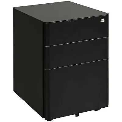 Vinsetto 3 Drawer Metal Filing Cabinet Lockable 5 Wheels Under Desk Black • £95.99