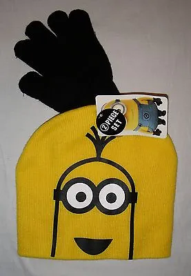NEW Despicable Me Minions Knit Hat Yellow Beanie Black Gloves Mittens Set Kids  • $11.99
