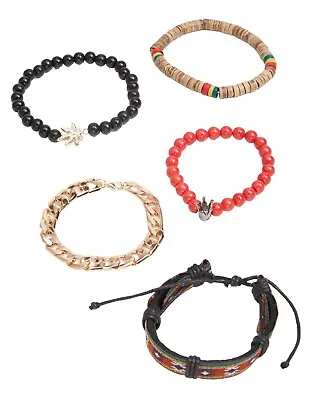 5 Pack Rasta Bead Weed Leaf 420 Gold Chain Black Red Beads Unisex Bracelet Set • $13.58