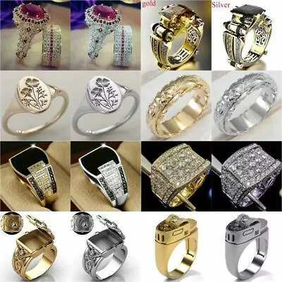 Fashion Men Yellow Gold Plated White Sapphire Ring Punk Classic Jewelry 6-14 • £3.94