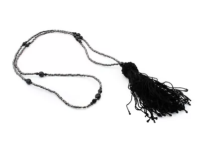 Vintage Czech Tassle Necklace Black Faceted Hematite Seed Glass Beads • $18