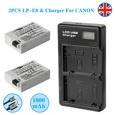 2× LP-E8 Battery For Canon EOS 700D 600D 550D 650D Rebel T3i T5i + Dual Charger • £23.86