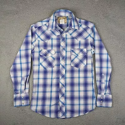 Wrangler Shirt Men's Small Blue Purple Plaid Pearl Snap Western Plaid Casual • $12.95