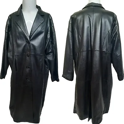 Vintage 90s Black Leather Trench Long Spy Coat Mens XL Full Length Jacket • $86.92