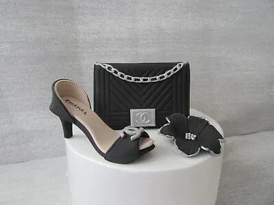 Edible Handmade Shoe Handbag And Flower Fondant Sugar Paste Cake Topper (Black) • £28.99