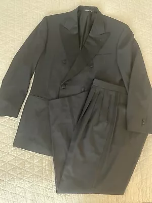 CANALI Proposta Vintage Subtle Stripe Satin Lapel DB Tuxedo In Black 46 L $2895 • $295