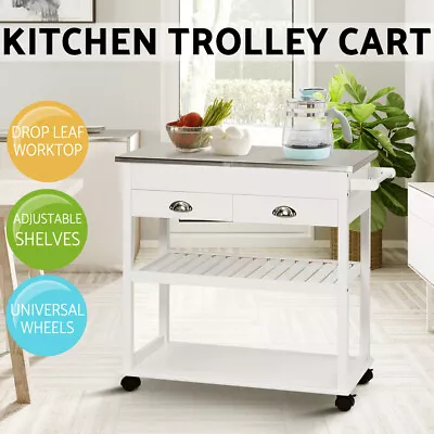 Kitchen Trolley Cart Cooking Workbench Island Stainless Steel Top 2 Drawer White • $252.99