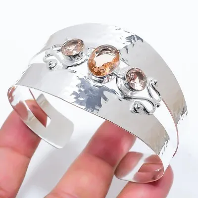 Peach Morganite Gemstone 925 Sterling Silver Jewelry Adjustable Cuff Bracelet • $15.99