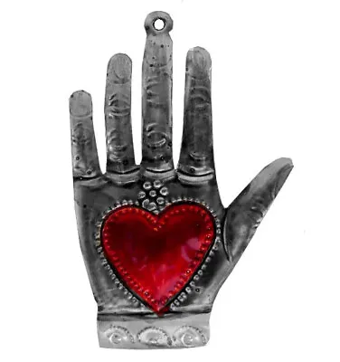 Tin Ornament Heart In Hand Fatima Hamsa Milagro ExVoto Mexican Folk Art • $8