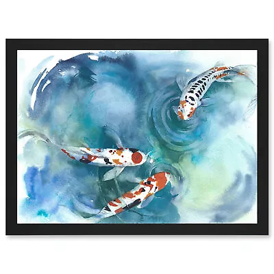 Japanese Koi Fish Near Surface Pond White Black Orange Framed A3 Wall Art Print • £26.99