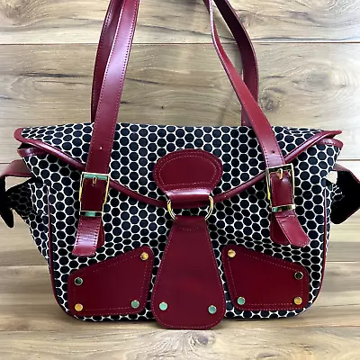 Mia Bossi Diaper Travel Tote Bag Large Black Polka Dot Crimson Red Leather Trim • $49.88