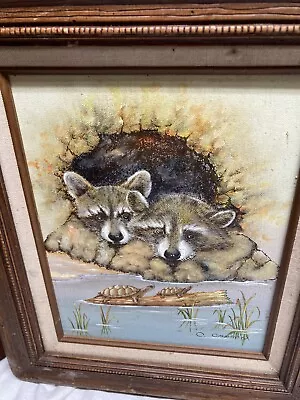 Vintage Framed Art Raccoons Watching Turtles Collectible Serigraph Art C. Carson • $25