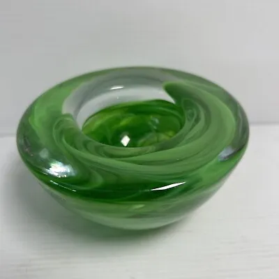 Kosta Boda Glass Atoll Candle Holder Lime Green Swirl Bowl Votive Ann Ehrner • $35