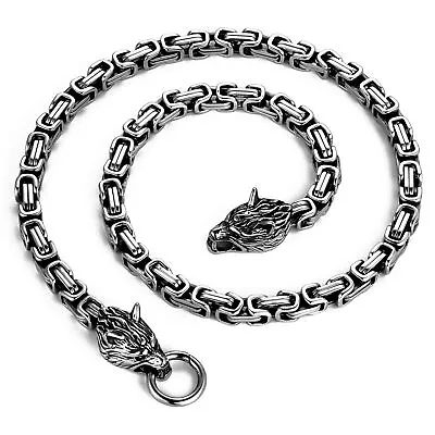 Heavy Stainless Steel Double Wolf Heads Byzantine Chain Necklace For Men Punk • $20.99