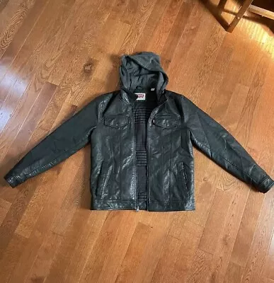 Levi's Men's S Black Faux Leather Trucker Hooded Jacket Gray Lined Hoodie • $9.99