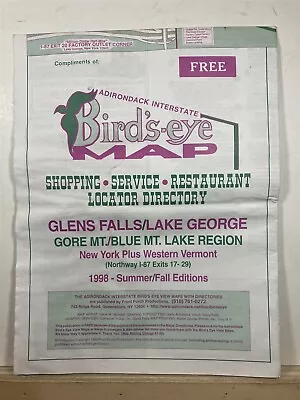 1998 Adirondack Interstate Bird's Eye Map Glens Falls Lake George NY VT Vtg • $13.38