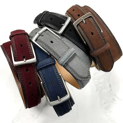 Suede Genuine Leather Casual Jean Belt 1-3/8  Wide Stitched Edge Nickle Buckle • $32.95