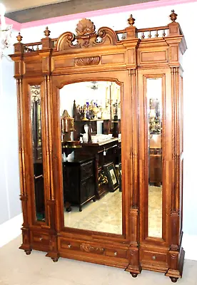 French Antique Walnut Wood Henry II Style Mirrored  1 Door Armoire • $5800