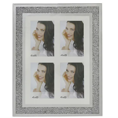 Glass Sparkly Four Photo Silver Diamond Crush Wall Multi Picture Frame 4  X 6   • £24.99