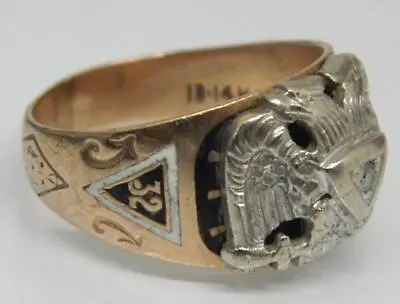 32nd DEGREE MASONIC FREE MASON 10-14K Diamond Double Eagle Rose White Gold Ring • $890