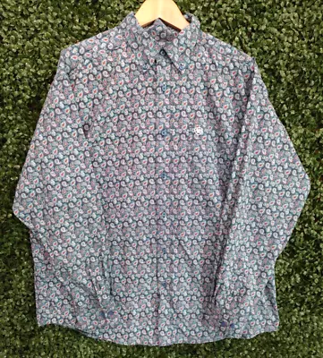 Ariat Long Sleeve Button Up Paisley Blue Shirt Western Cowboy Rodeo Men's Sz XL • $24.99