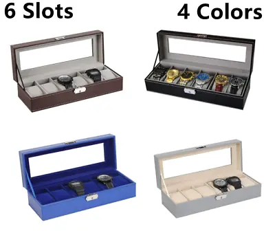 6 Slots PU Leather Watch Box Display Case Watch Organizer Glass Jewelry Storage • $18.99