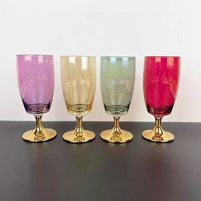 Harlequin Iridescent Gold Stemmed Large Mid Century Wine Glasses Set Of 4 • $49