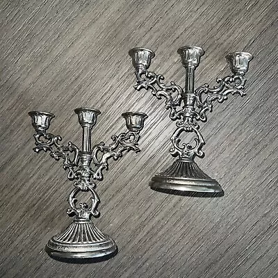 Silverplate Ornate Metal Candelabra Stamped Hong Kong Vintage Set Of 2 • $47.47