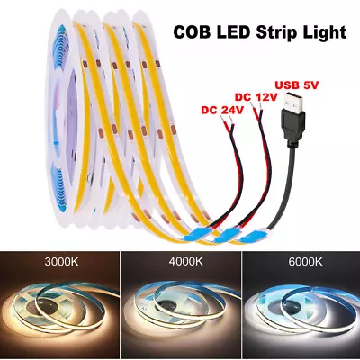 COB LED Strip Light Flexible Tape Lights Home DIY Lighting White Warm 5V 12V 24V • £9.59