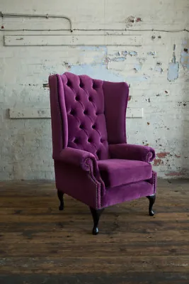 Modern Queen Anne Purple Velvet Chesterfield Wing Armchair Extra High Back • £695