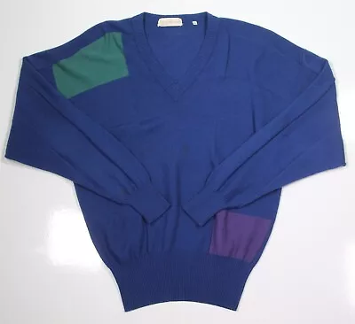 Gianni Versace Vintage 1980's Blue Deep V-Neck 100% Cashmere Sweater Men's 40/L • $149