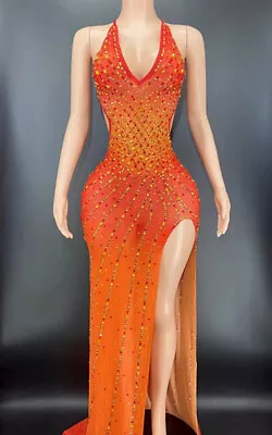 $158.74 • Buy Sparkly Rhinestone Mesh Transparent Long Dress Gown Women Split Backless Dress