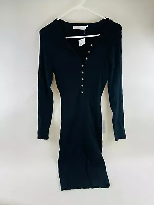 ASTR Bodycon Midi Dress Size Large Black Ribbed Button Down Long Sleeve Defects • $11.04