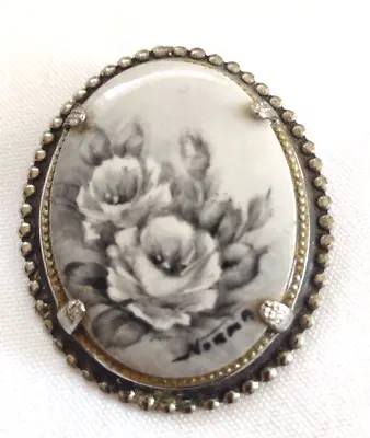 Vintage Signed Hand Painted Porcelain Brooch Pin Pendant Oval Floral Silver Tone • $24.88