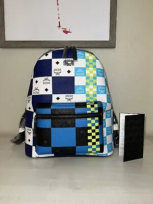 MCM Stark Backpack Checkerboard Visetos Med BLUE And WHITE Limited Edition • $645