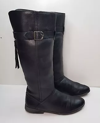 Office Size 6uk Eur39 Womens Black Leather Knee High Boots With Back Zip Tassels • £21.99