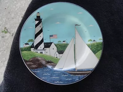 Sakura Warren Kimble Coastal Breeze Lighthouse Sailboat Blue White Salad Plate • $10