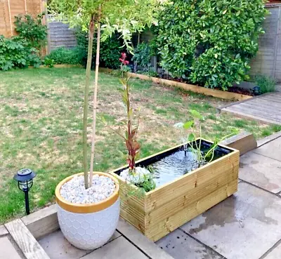 Raised Garden Pond Wooden Water Feature 100x40x39h Cm W/ Mesh Cover Ready To Use • £159