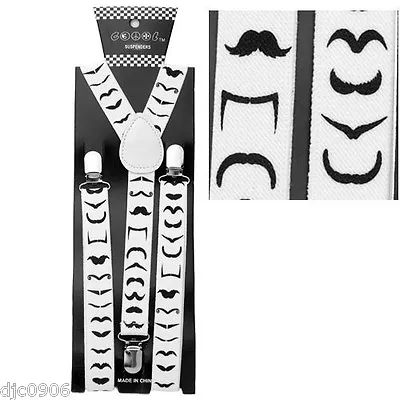 Reverse Direction White Mustaches Adjustable Suspenders-Mustache Suspenders-New  • $8.99