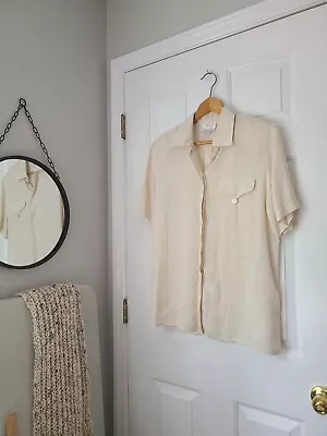 Vtg TESS 100% Silk Button Down Shirt Cream Ivory Short Sleeve Pocket Women's M • $15