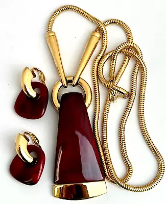 Vintage CROWN TRIFARI Deep Red Lucite Gold Plated Necklace Earrings Set • $35