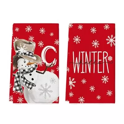  Red Monogram Snowman Snowflake Hello Winter Kitchen Towels Dish Letter C • $11.37