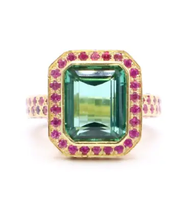 18K Yellow Gold Ring With Tourmaline & Pink Halo Sapphires • $2599.99