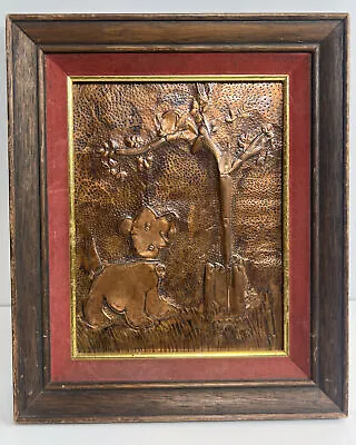 Wall Art Dog Chasing Cat On Tree Copper Hammerd Framed Beautiful Vintage • $25