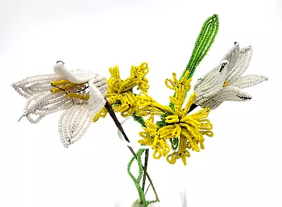 Vtg French Glass Seed Beaded Flowers Yellow White Pearl Bouquet 4 Stems Handmade • $27.95