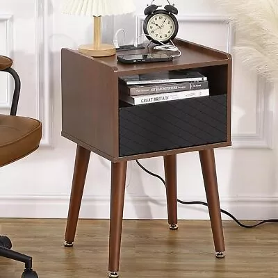 Mid Century Modern Nightstand Side Table With Charging Station And Drawer Walnut • $57.32