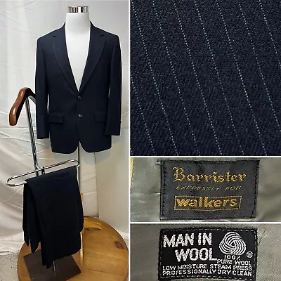 Men's Vintage Barrister Navy Blue Pinstripe 38S Blazer Coat 32x28 Pants 80s Suit • $88