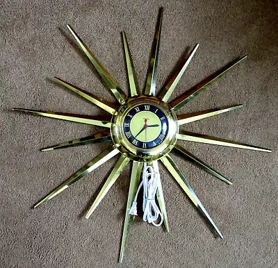 Vintage Mid Century Modern Sunburst Wall Clock 32  United Atomic Brass Electric • $175