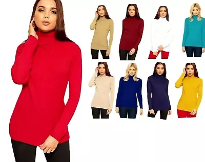 Womens Ladies Polo Neck Roll Turtle Neck Ribbed Jumper Top Long Sleeve • £8.99